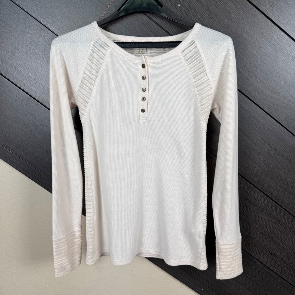 Lucky Brand Women's Henley Thermal Knit Top Small Ivory Textured Long Sleeve